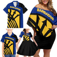Barbados Flag and Coat of Arms Family Matching Off Shoulder Short Dress and Hawaiian Shirt Blue Yellow Black Design with National Symbols - Wonder Print Shop
