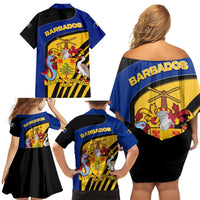Barbados Flag and Coat of Arms Family Matching Off Shoulder Short Dress and Hawaiian Shirt Blue Yellow Black Design with National Symbols - Wonder Print Shop