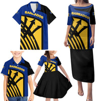 Barbados Flag and Coat of Arms Family Matching Puletasi and Hawaiian Shirt Blue Yellow Black Design with National Symbols - Wonder Print Shop