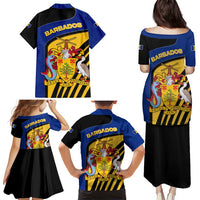 Barbados Flag and Coat of Arms Family Matching Puletasi and Hawaiian Shirt Blue Yellow Black Design with National Symbols - Wonder Print Shop