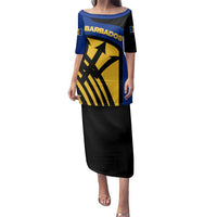 Barbados Flag and Coat of Arms Family Matching Puletasi and Hawaiian Shirt Blue Yellow Black Design with National Symbols - Wonder Print Shop