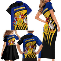 Barbados Flag and Coat of Arms Family Matching Short Sleeve Bodycon Dress and Hawaiian Shirt Blue Yellow Black Design with National Symbols - Wonder Print Shop