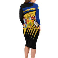 Barbados Flag and Coat of Arms Long Sleeve Bodycon Dress Blue Yellow Black Design with National Symbols - Wonder Print Shop