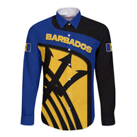 Barbados Flag and Coat of Arms Long Sleeve Button Shirt Blue Yellow Black Design with National Symbols - Wonder Print Shop