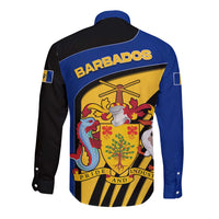 Barbados Flag and Coat of Arms Long Sleeve Button Shirt Blue Yellow Black Design with National Symbols - Wonder Print Shop
