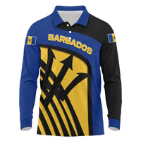 Barbados Flag and Coat of Arms Long Sleeve Polo Shirt Blue Yellow Black Design with National Symbols - Wonder Print Shop
