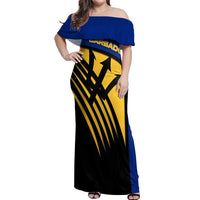 Barbados Flag and Coat of Arms Off Shoulder Maxi Dress Blue Yellow Black Design with National Symbols - Wonder Print Shop