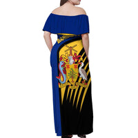 Barbados Flag and Coat of Arms Off Shoulder Maxi Dress Blue Yellow Black Design with National Symbols - Wonder Print Shop
