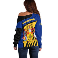 Barbados Flag and Coat of Arms Off Shoulder Sweater Blue Yellow Black Design with National Symbols - Wonder Print Shop