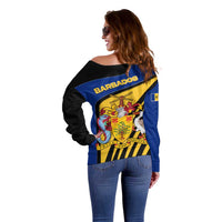 Barbados Flag and Coat of Arms Off Shoulder Sweater Blue Yellow Black Design with National Symbols - Wonder Print Shop