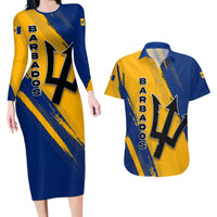 Barbados Trident and Coat of Arms Couples Matching Long Sleeve Bodycon Dress and Hawaiian Shirt with Blue Yellow Patriotic Graphic - Wonder Print Shop