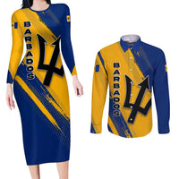 Barbados Trident and Coat of Arms Couples Matching Long Sleeve Bodycon Dress and Long Sleeve Button Shirt with Blue Yellow Patriotic Graphic - Wonder Print Shop