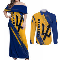 Barbados Trident and Coat of Arms Couples Matching Off Shoulder Maxi Dress and Long Sleeve Button Shirt with Blue Yellow Patriotic Graphic - Wonder Print Shop