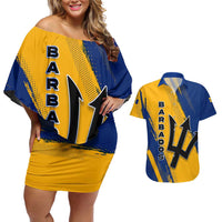 Barbados Trident and Coat of Arms Couples Matching Off Shoulder Short Dress and Hawaiian Shirt with Blue Yellow Patriotic Graphic - Wonder Print Shop
