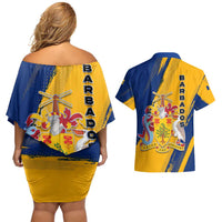 Barbados Trident and Coat of Arms Couples Matching Off Shoulder Short Dress and Hawaiian Shirt with Blue Yellow Patriotic Graphic - Wonder Print Shop