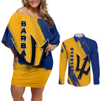 Barbados Trident and Coat of Arms Couples Matching Off Shoulder Short Dress and Long Sleeve Button Shirt with Blue Yellow Patriotic Graphic - Wonder Print Shop