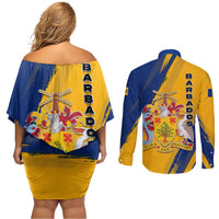 Barbados Trident and Coat of Arms Couples Matching Off Shoulder Short Dress and Long Sleeve Button Shirt with Blue Yellow Patriotic Graphic - Wonder Print Shop