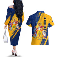 Barbados Trident and Coat of Arms Couples Matching Off The Shoulder Long Sleeve Dress and Hawaiian Shirt with Blue Yellow Patriotic Graphic - Wonder Print Shop