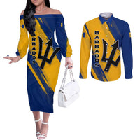 Barbados Trident and Coat of Arms Couples Matching Off The Shoulder Long Sleeve Dress and Long Sleeve Button Shirt with Blue Yellow Patriotic Graphic - Wonder Print Shop