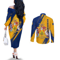 Barbados Trident and Coat of Arms Couples Matching Off The Shoulder Long Sleeve Dress and Long Sleeve Button Shirt with Blue Yellow Patriotic Graphic - Wonder Print Shop