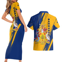 Barbados Trident and Coat of Arms Couples Matching Short Sleeve Bodycon Dress and Hawaiian Shirt with Blue Yellow Patriotic Graphic - Wonder Print Shop