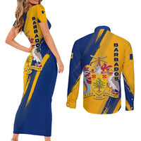 Barbados Trident and Coat of Arms Couples Matching Short Sleeve Bodycon Dress and Long Sleeve Button Shirt with Blue Yellow Patriotic Graphic - Wonder Print Shop