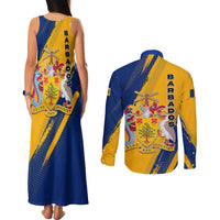 Barbados Trident and Coat of Arms Couples Matching Tank Maxi Dress and Long Sleeve Button Shirt with Blue Yellow Patriotic Graphic - Wonder Print Shop
