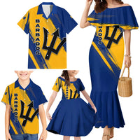 Barbados Trident and Coat of Arms Family Matching Mermaid Dress and Hawaiian Shirt with Blue Yellow Patriotic Graphic - Wonder Print Shop