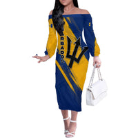 Barbados Trident and Coat of Arms Family Matching Off The Shoulder Long Sleeve Dress and Hawaiian Shirt with Blue Yellow Patriotic Graphic - Wonder Print Shop