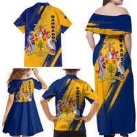 Barbados Trident and Coat of Arms Family Matching Off Shoulder Maxi Dress and Hawaiian Shirt with Blue Yellow Patriotic Graphic - Wonder Print Shop