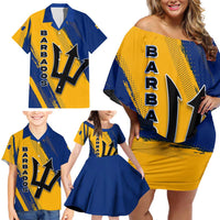 Barbados Trident and Coat of Arms Family Matching Off Shoulder Short Dress and Hawaiian Shirt with Blue Yellow Patriotic Graphic - Wonder Print Shop