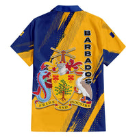 Barbados Trident and Coat of Arms Family Matching Off Shoulder Short Dress and Hawaiian Shirt with Blue Yellow Patriotic Graphic - Wonder Print Shop
