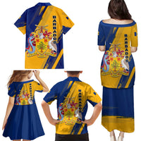 Barbados Trident and Coat of Arms Family Matching Puletasi and Hawaiian Shirt with Blue Yellow Patriotic Graphic - Wonder Print Shop