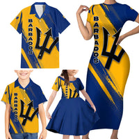 Barbados Trident and Coat of Arms Family Matching Short Sleeve Bodycon Dress and Hawaiian Shirt with Blue Yellow Patriotic Graphic - Wonder Print Shop