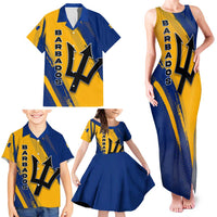 Barbados Trident and Coat of Arms Family Matching Tank Maxi Dress and Hawaiian Shirt with Blue Yellow Patriotic Graphic - Wonder Print Shop