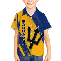 Barbados Trident and Coat of Arms Kid Hawaiian Shirt with Blue Yellow Patriotic Graphic - Wonder Print Shop