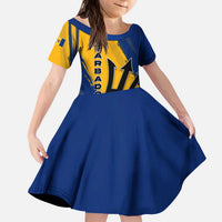 Barbados Trident and Coat of Arms Kid Short Sleeve Dress with Blue Yellow Patriotic Graphic - Wonder Print Shop