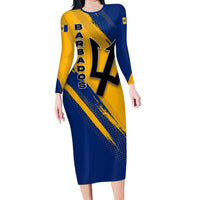 Barbados Trident and Coat of Arms Long Sleeve Bodycon Dress with Blue Yellow Patriotic Graphic - Wonder Print Shop
