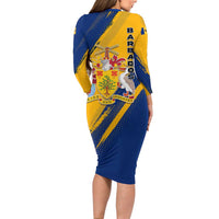 Barbados Trident and Coat of Arms Long Sleeve Bodycon Dress with Blue Yellow Patriotic Graphic - Wonder Print Shop