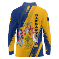 Barbados Trident and Coat of Arms Long Sleeve Polo Shirt with Blue Yellow Patriotic Graphic - Wonder Print Shop