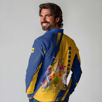Barbados Trident and Coat of Arms Long Sleeve Polo Shirt with Blue Yellow Patriotic Graphic - Wonder Print Shop