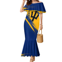 Barbados Trident and Coat of Arms Mermaid Dress with Blue Yellow Patriotic Graphic - Wonder Print Shop