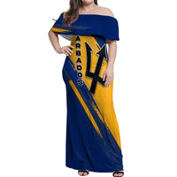Barbados Trident and Coat of Arms Off Shoulder Maxi Dress with Blue Yellow Patriotic Graphic - Wonder Print Shop