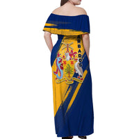 Barbados Trident and Coat of Arms Off Shoulder Maxi Dress with Blue Yellow Patriotic Graphic - Wonder Print Shop