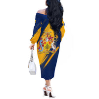 Barbados Trident and Coat of Arms Off The Shoulder Long Sleeve Dress with Blue Yellow Patriotic Graphic - Wonder Print Shop