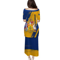 Barbados Trident and Coat of Arms Puletasi with Blue Yellow Patriotic Graphic - Wonder Print Shop