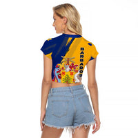 Barbados Trident and Coat of Arms Raglan Cropped T Shirt with Blue Yellow Patriotic Graphic - Wonder Print Shop