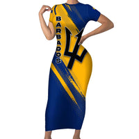 Barbados Trident and Coat of Arms Short Sleeve Bodycon Dress with Blue Yellow Patriotic Graphic - Wonder Print Shop