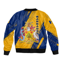 Barbados Trident and Coat of Arms Sleeve Zip Bomber Jacket with Blue Yellow Patriotic Graphic - Wonder Print Shop