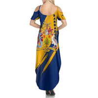 Barbados Trident and Coat of Arms Summer Maxi Dress with Blue Yellow Patriotic Graphic - Wonder Print Shop
